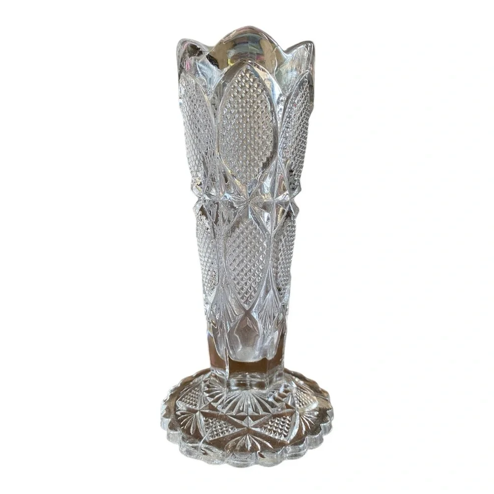 Antique EAPG Clear Pressed Glass Bud Vase Diamond Pattern Scalloped 6